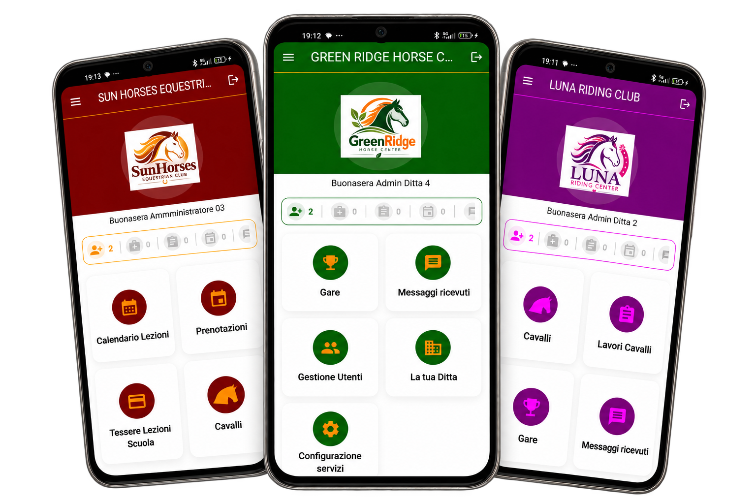 Dashboard GlennHorse personalizzate per tre centri ippici, con colori marrone, verde e viola